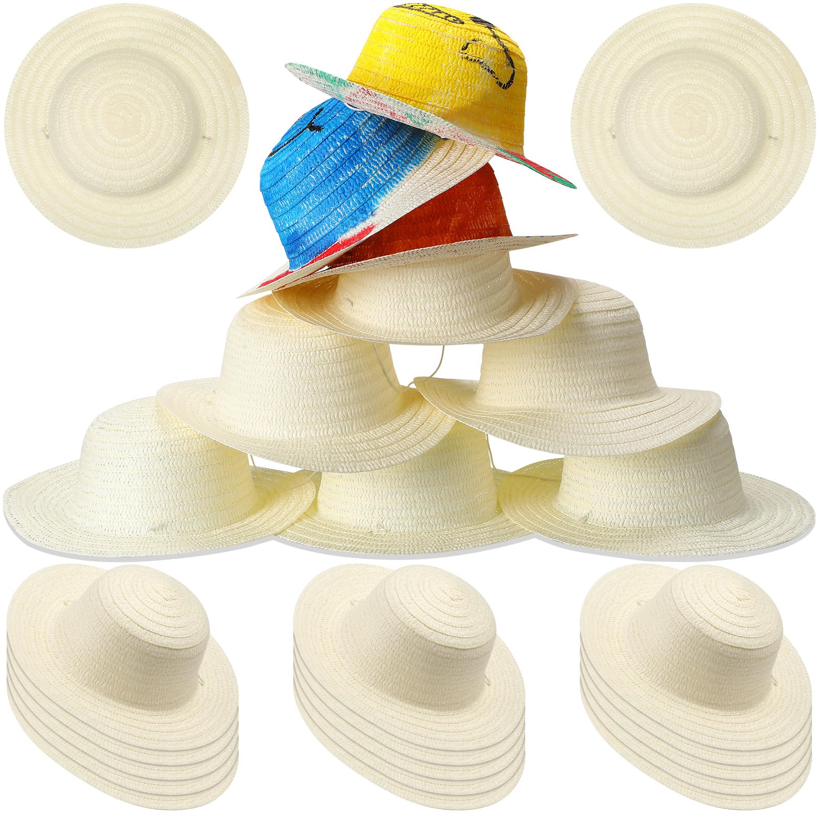 Mepase 30 Pcs DIY Straw Hat Set for Kids Summer Beach Party Decoration