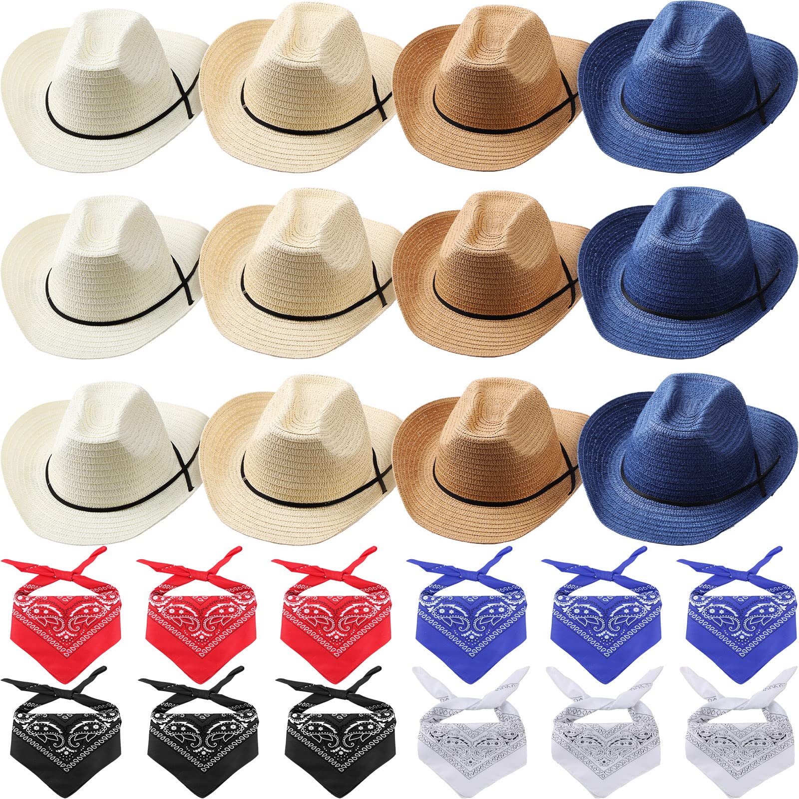 SATINIOR 12 Set Straw Cowboy Caps and Bandanas for Men and Women Western Party Costumes
| SATINIOR 12 Piece Straw Cowbo