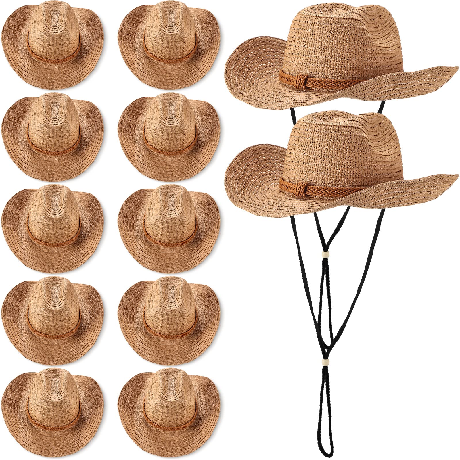 JaGely Women Men 12 Pcs Straw Cowboy Hats Wide Brim Summer Sun Protection Western Themed Party